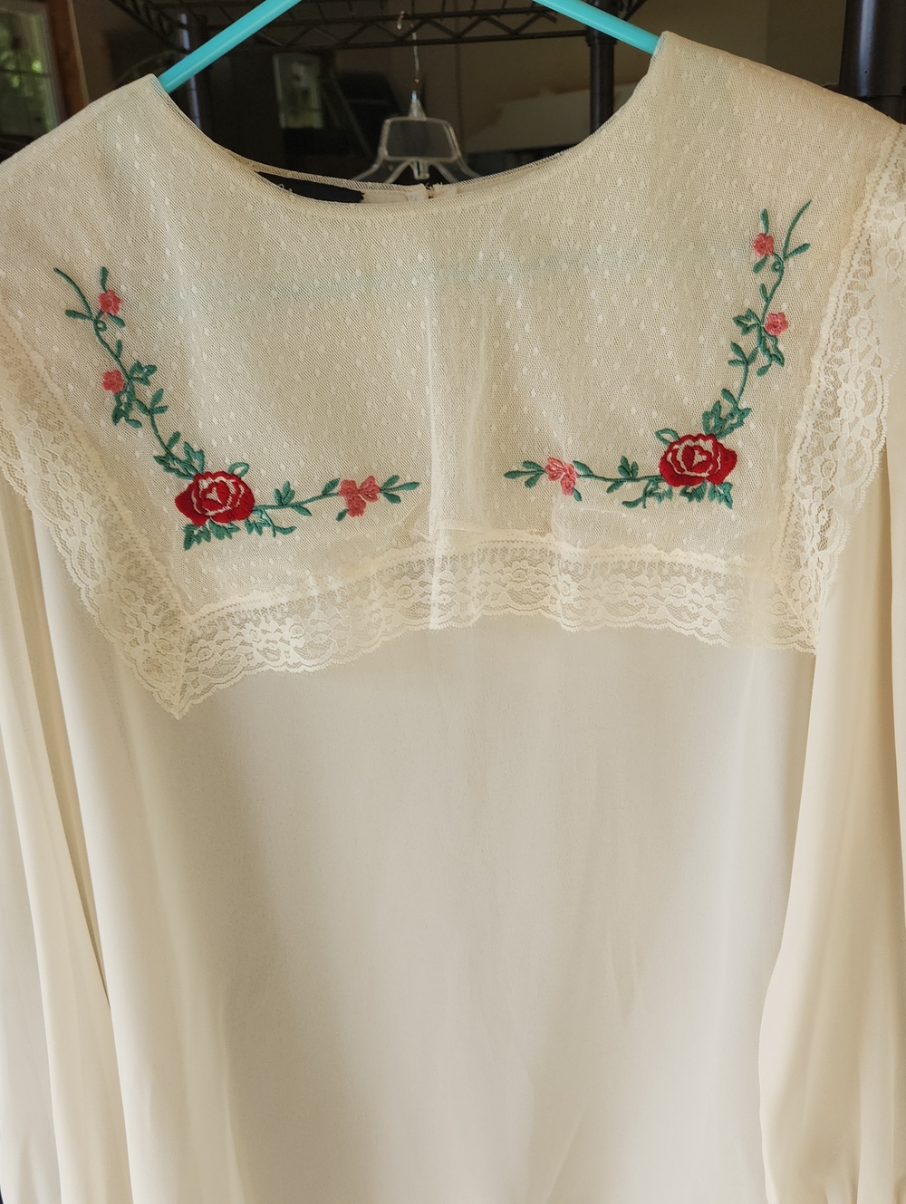 Vintage Cream Blouse with Red Rose Embroidery